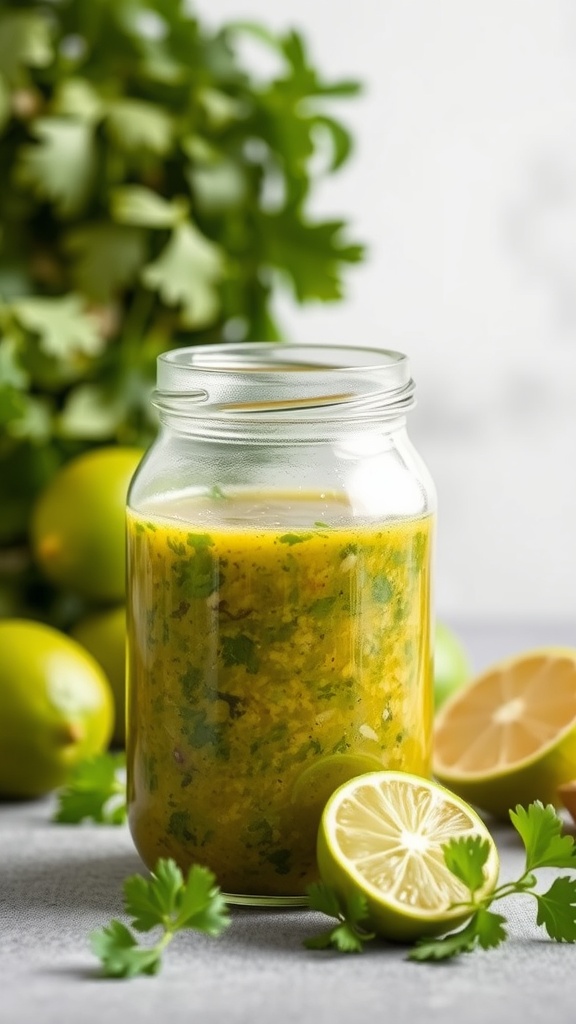 A jar of fresh Cilantro Lime Vinaigrette with lime halves and cilantro leaves around it.
