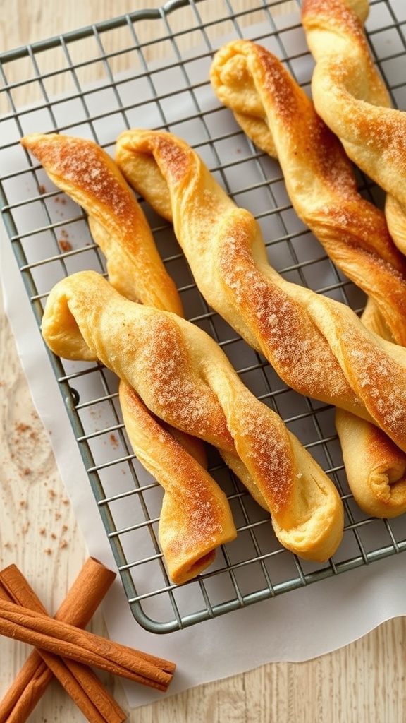 Cinnamon sugar puff pastry twists on a cooling rack