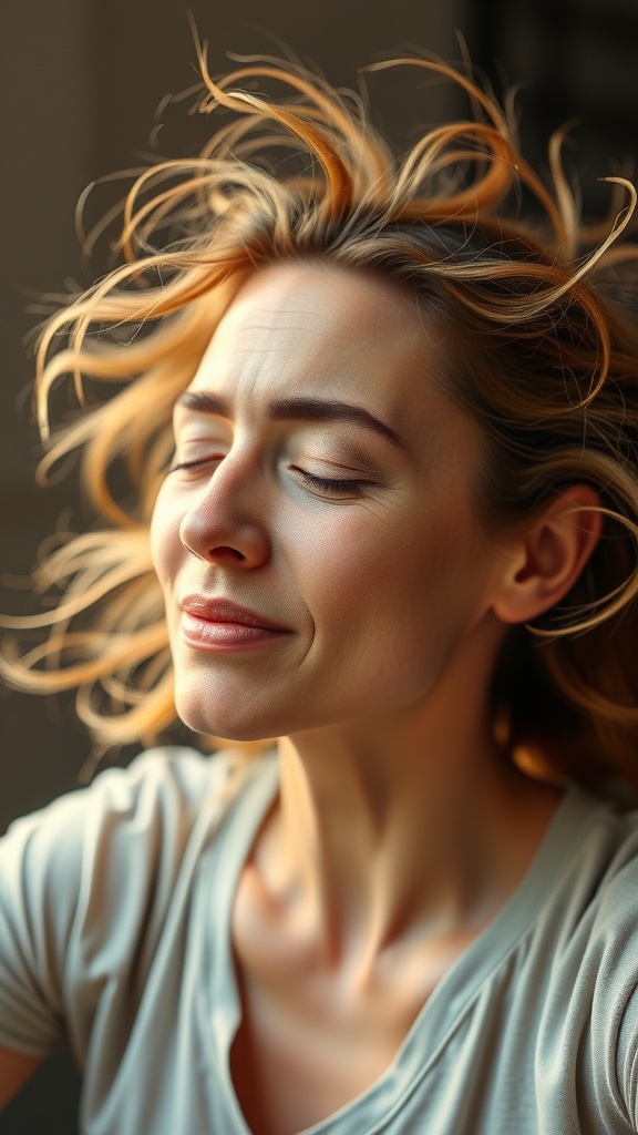 A woman with closed eyes and a gentle smile, appearing relaxed and serene.
