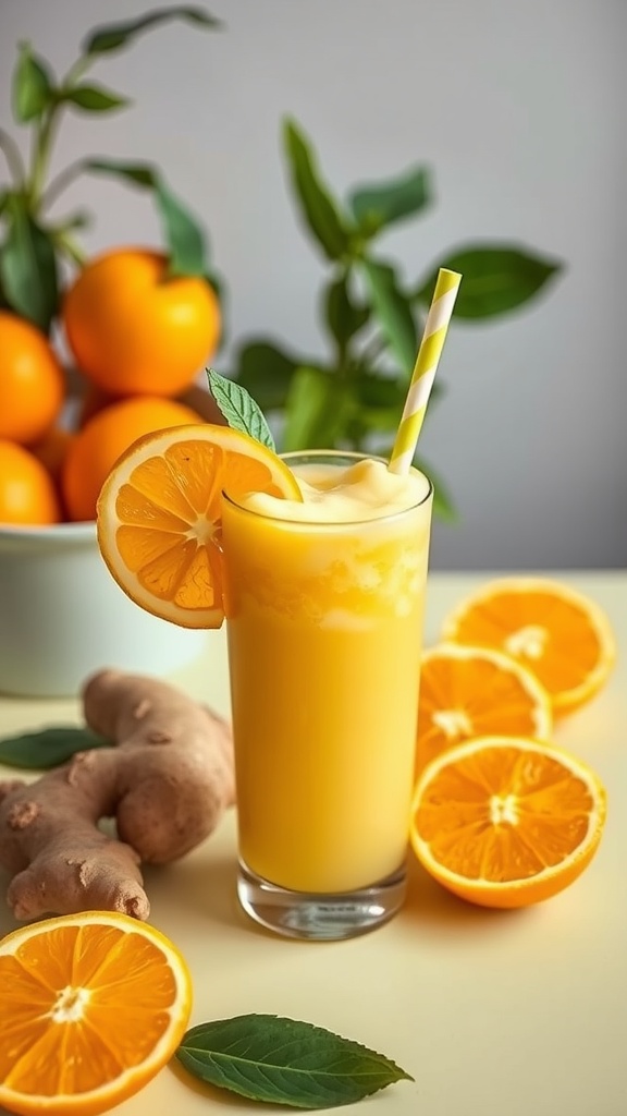 A refreshing orange smoothie garnished with a slice of orange and a straw.