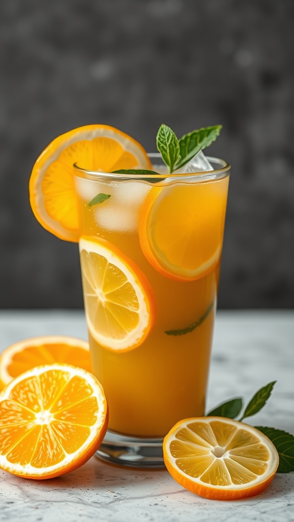 A refreshing citrus drink with lemon and orange slices, served with mint leaves