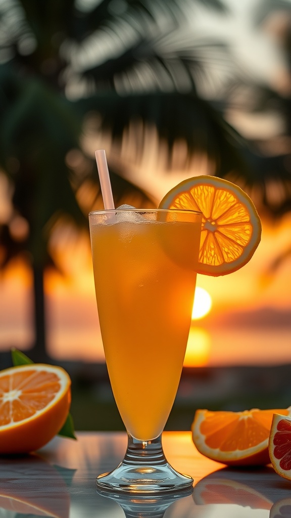 A refreshing Citrus Sunrise Smoothie in a glass with an orange slice on the rim.