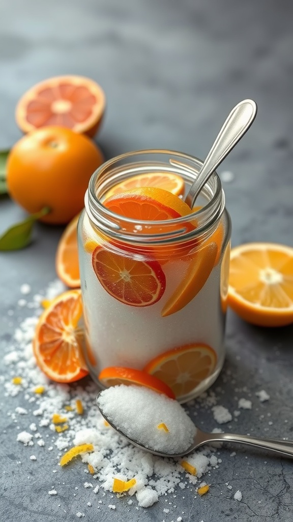 A jar of citrus zest infused sugar with slices of orange and lemon