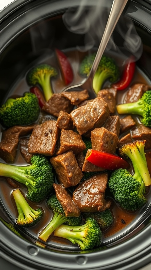 A slow cooker filled with beef chunks and broccoli, garnished with red peppers.