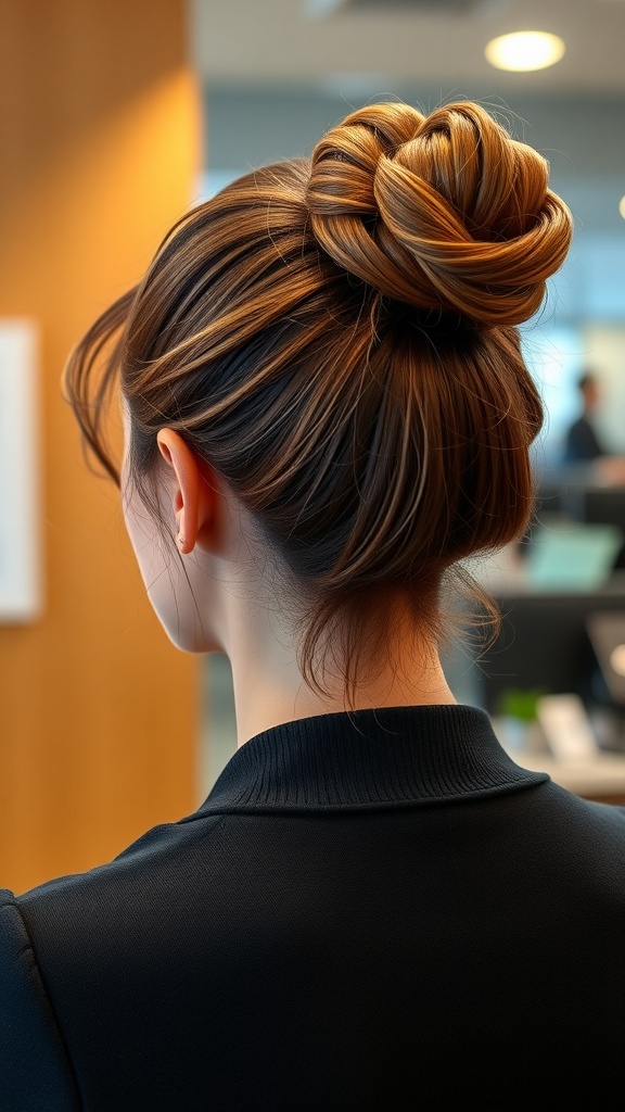 A woman with a classic chignon hairstyle, showcasing a modern twist, from a back view.