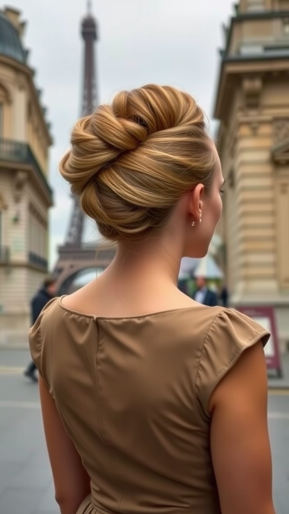 A woman with a Classic French Twist hairstyle, standing in front of the Eiffel Tower.