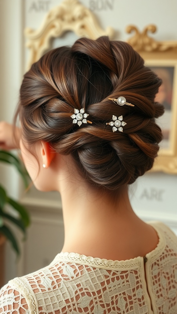 Elegant classic French twist hairstyle with sparkling hairpins