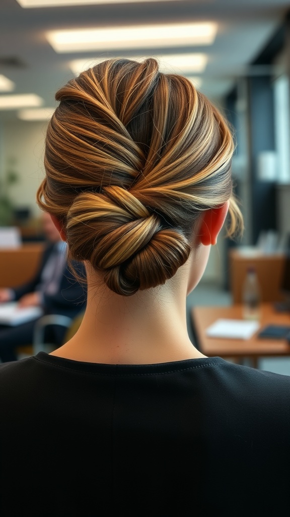 A woman with a stylish classic French twist hairstyle, viewed from the back.