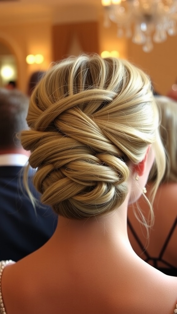 A classic French twist hairstyle, featuring neatly arranged golden hair styled elegantly.