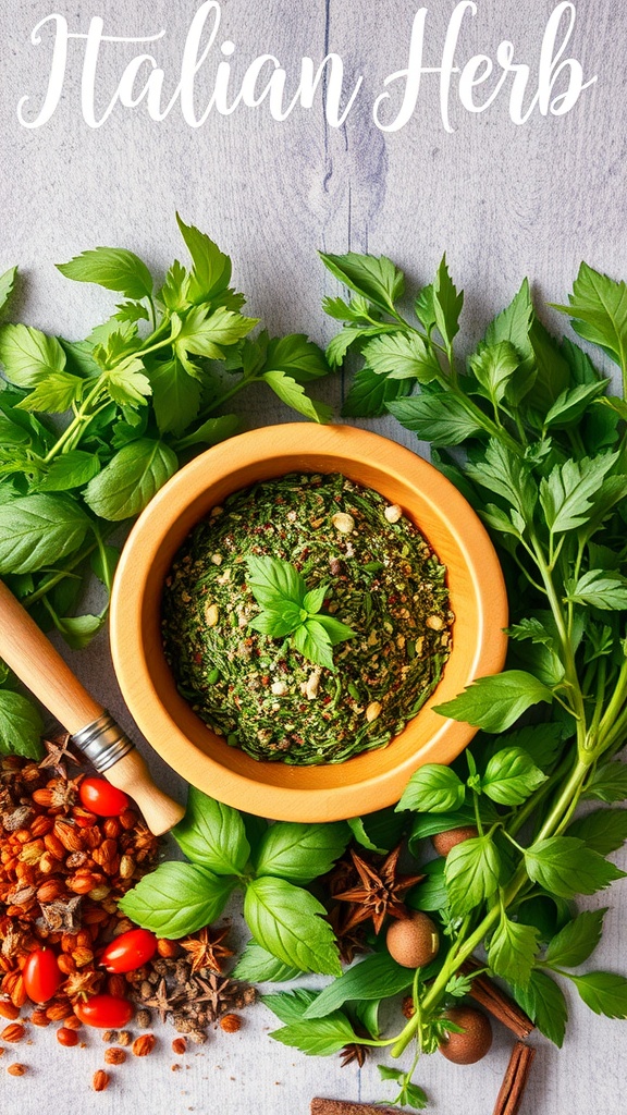 A bowl of classic Italian herb blend surrounded by fresh herbs.