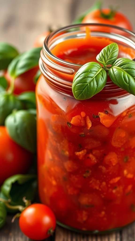A jar of classic Italian marinara sauce with fresh tomatoes and basil