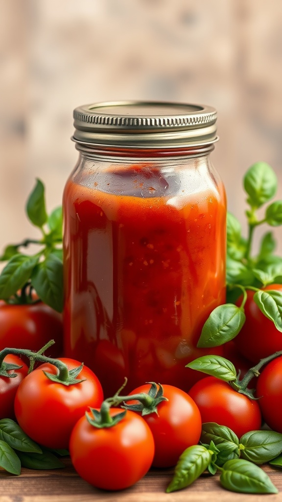 A jar of classic Italian marinara sauce surrounded by fresh tomatoes and basil.