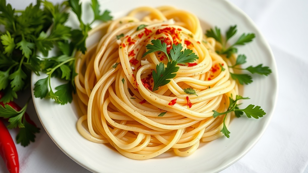 A plate of classic Italian Pasta Aglio e Olio garnished with parsley and red pepper flakes.