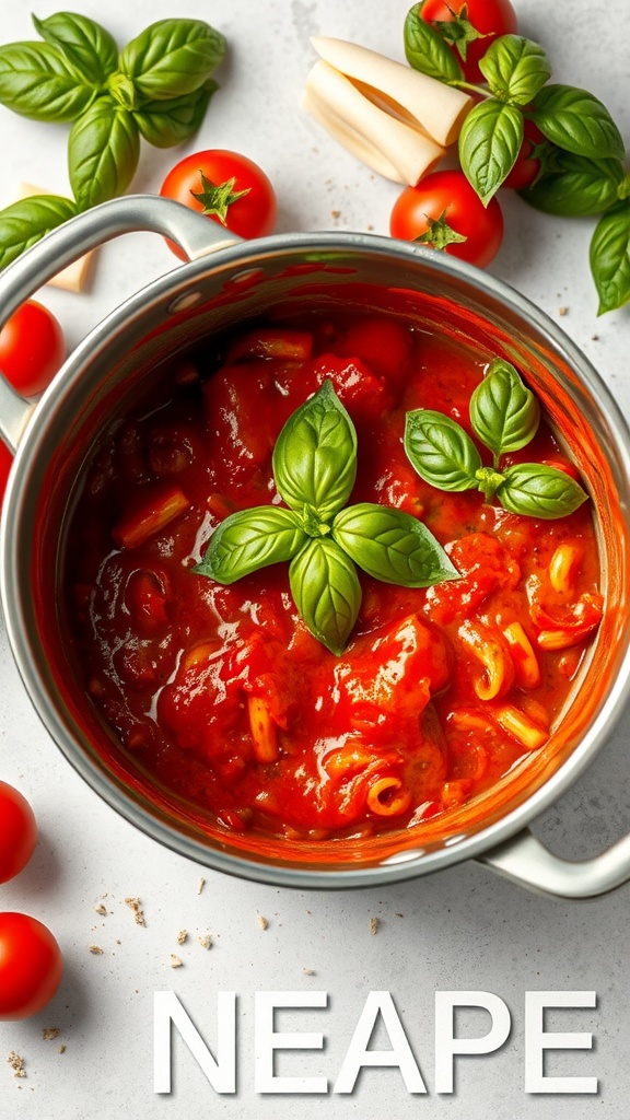 A pot of classic Italian pasta sauce with fresh basil and cherry tomatoes.