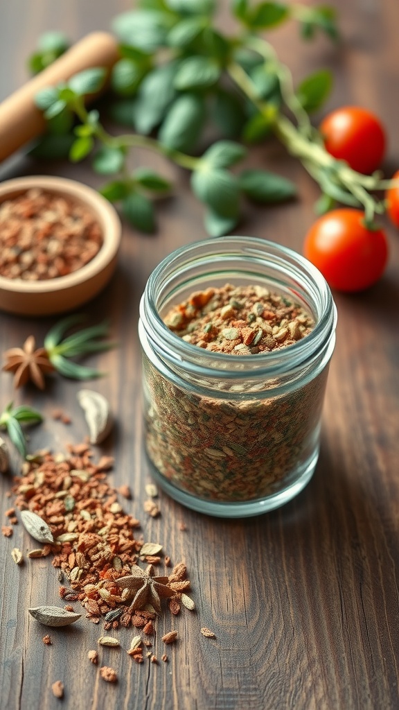 A jar of classic Italian seasoning blend with scattered herbs.