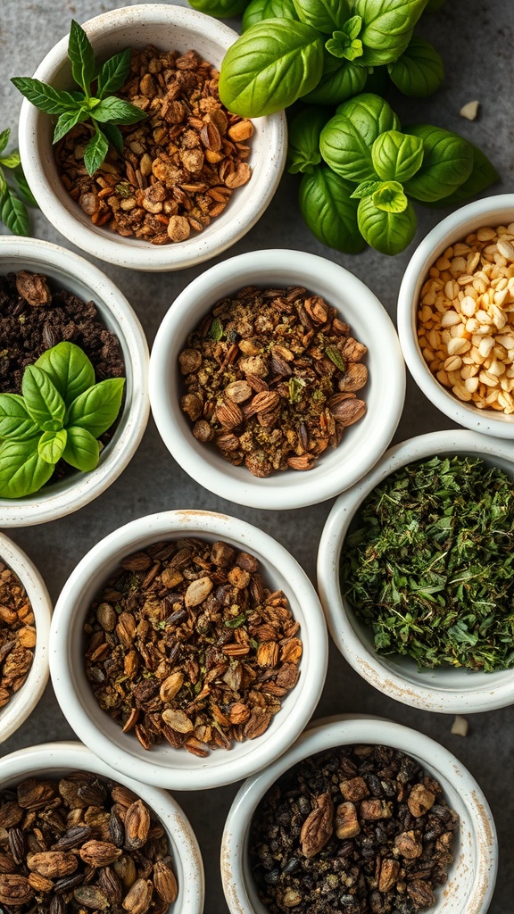 A selection of dried herbs and spices for making an Italian seasoning blend.