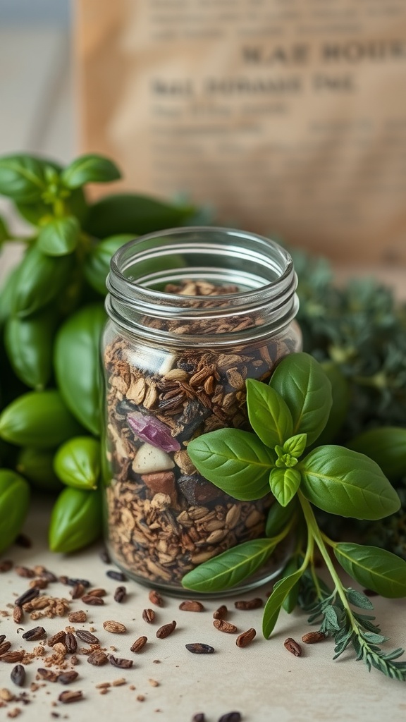 A jar filled with a homemade Italian seasoning blend surrounded by fresh herbs.