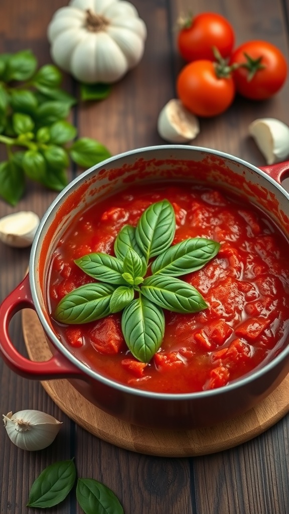 A pot of classic Italian tomato sauce with fresh basil on top, surrounded by tomatoes and garlic.