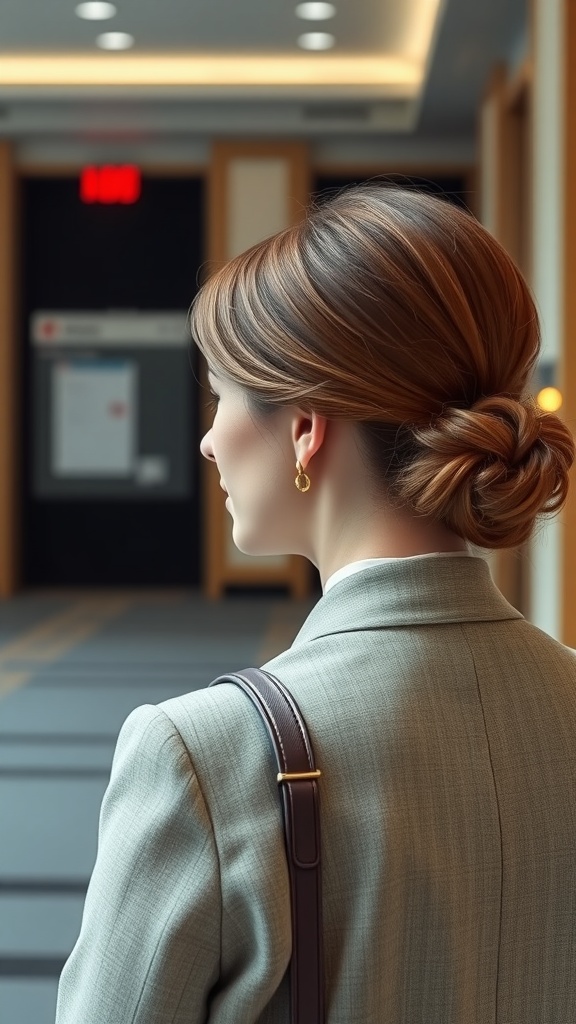 A woman with a classic low chignon hairstyle, dressed in a suit, standing in a hallway.