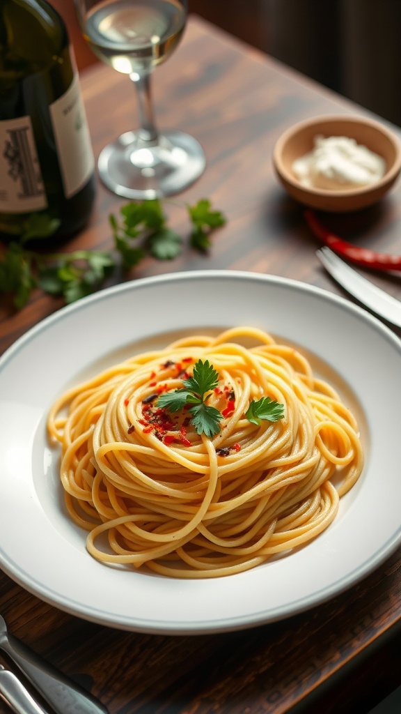 A plate of spaghetti aglio e olio garnished with parsley and red pepper flakes.