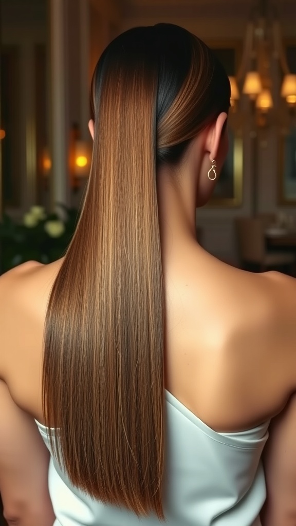 A woman with sleek straight hair, showcasing a classic hairstyle that enhances her elegance.
