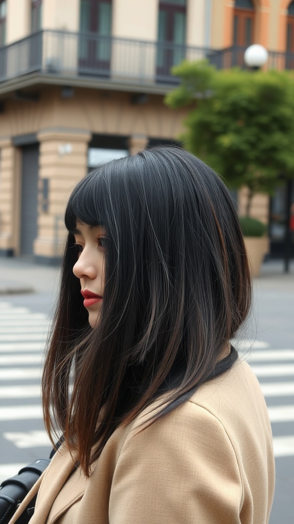 A woman with straight hair parted in the center, wearing a stylish beige coat.