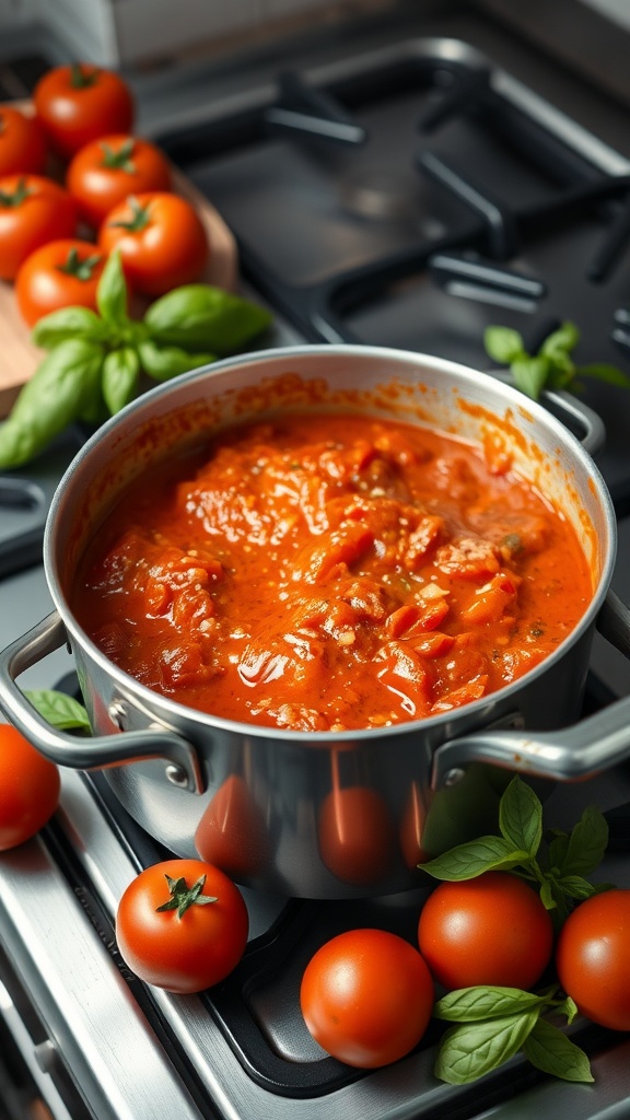 A pot of Classic Tomato Basil Marinara sauce simmering on a stove with fresh tomatoes and basil.