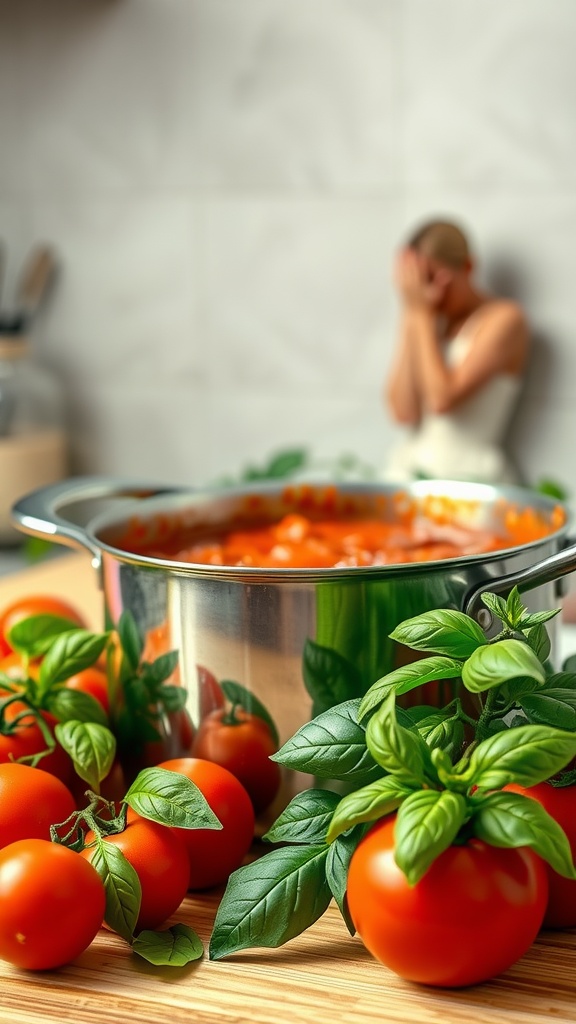 A pot of tomato basil sauce with fresh tomatoes and basil leaves around it.