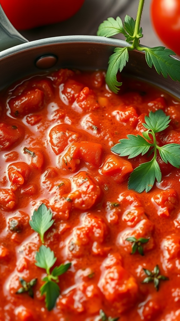 A pot of freshly made classic tomato marinara sauce garnished with herbs.