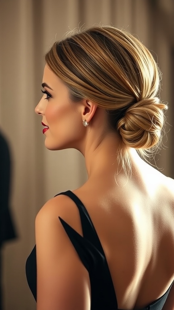 A woman with a classic tucked low bun hairstyle, showing elegance and simplicity.