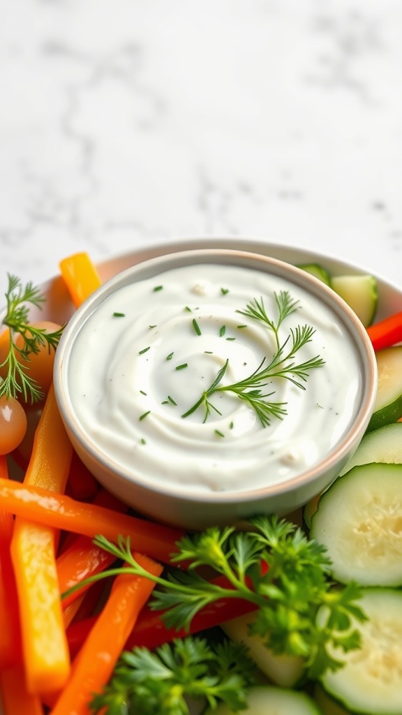 A bowl of tzatziki sauce garnished with a sprig of dill, surrounded by colorful fresh vegetables.