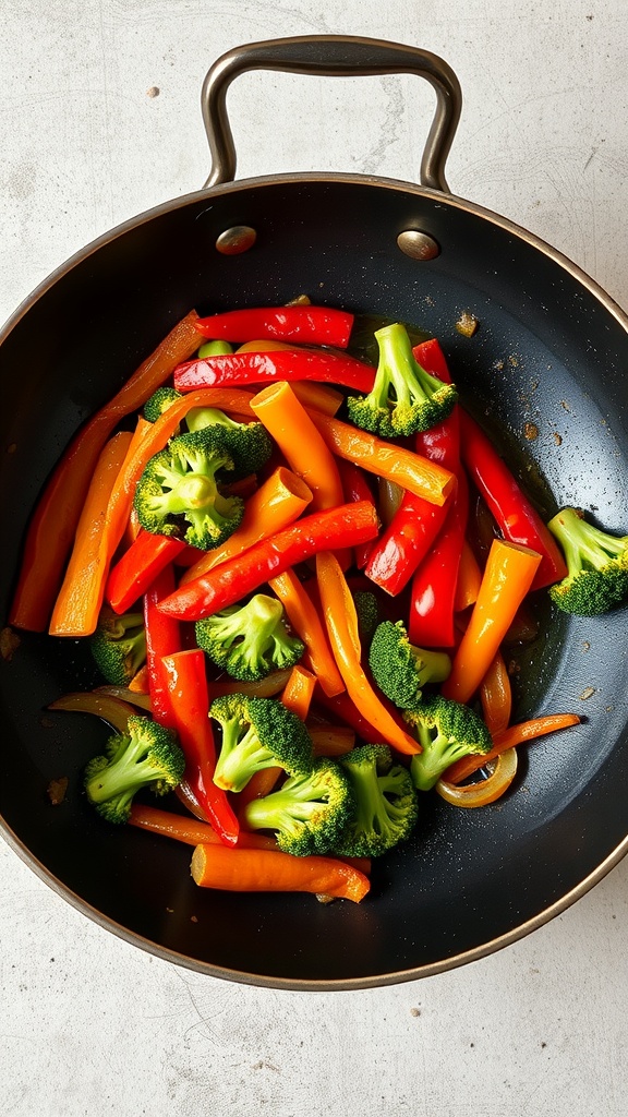 A vibrant classic vegetable stir-fry featuring colorful bell peppers and broccoli.