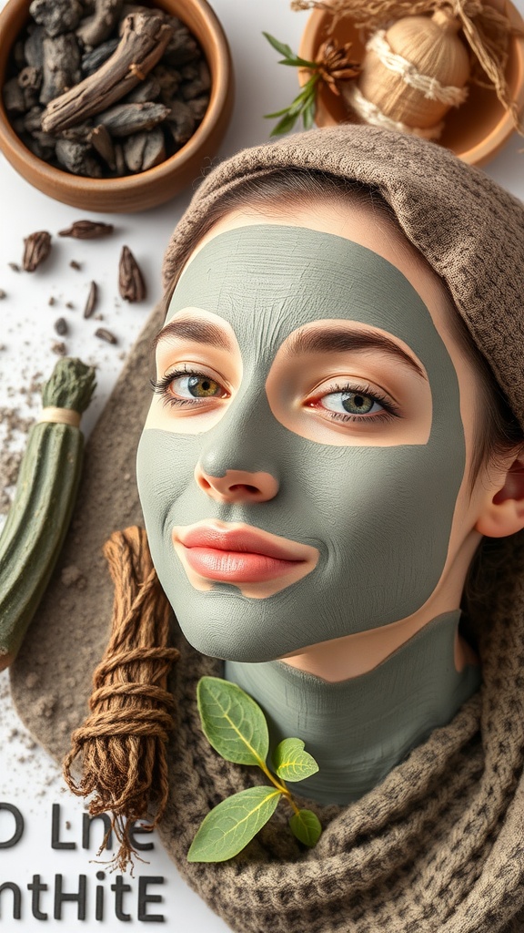 A person applying a clay mask to their face, surrounded by natural clay and herbs.