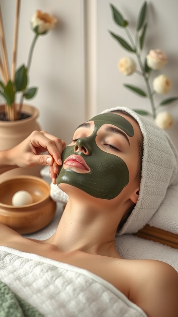 A woman enjoying a facial treatment with a green clay mask, surrounded by plants and soft natural decor.