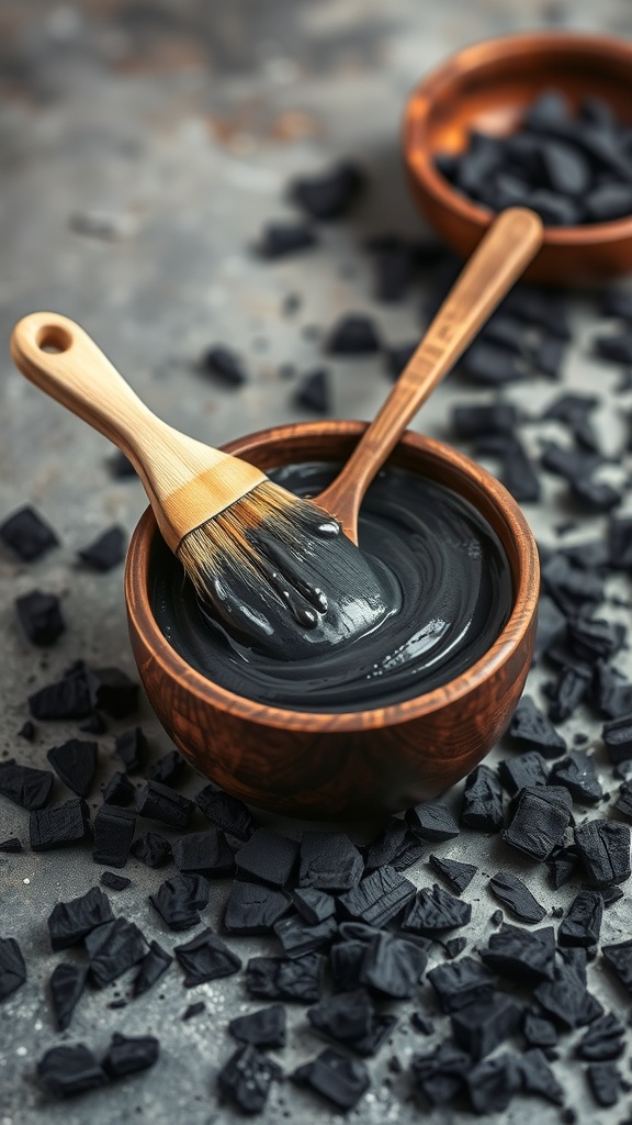 A wooden bowl containing a smooth black charcoal and clay mask, with a brush resting inside, and pieces of charcoal scattered around.