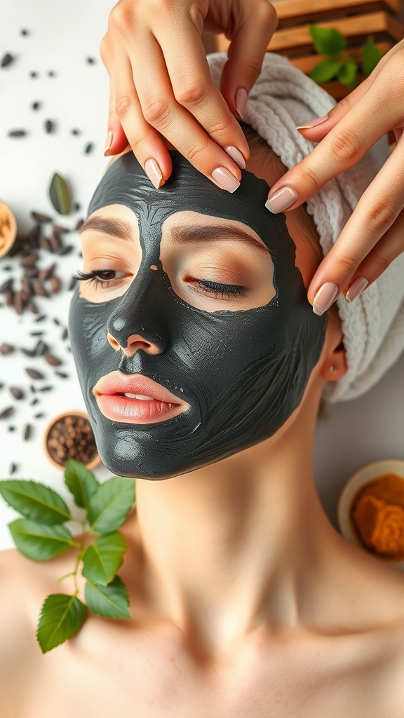 A person applying a charcoal face mask with natural ingredients around them.