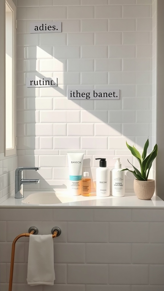 A serene bathroom with skincare products neatly arranged on a countertop, a sleek faucet, and a small plant, creating a calming cleansing space.