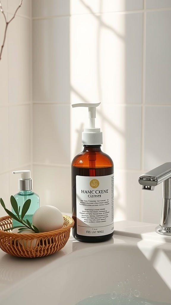 A skincare setup with an amber cleanser bottle, a turquoise toner bottle, a bath bomb, and a sprig of greenery, set against a serene background.