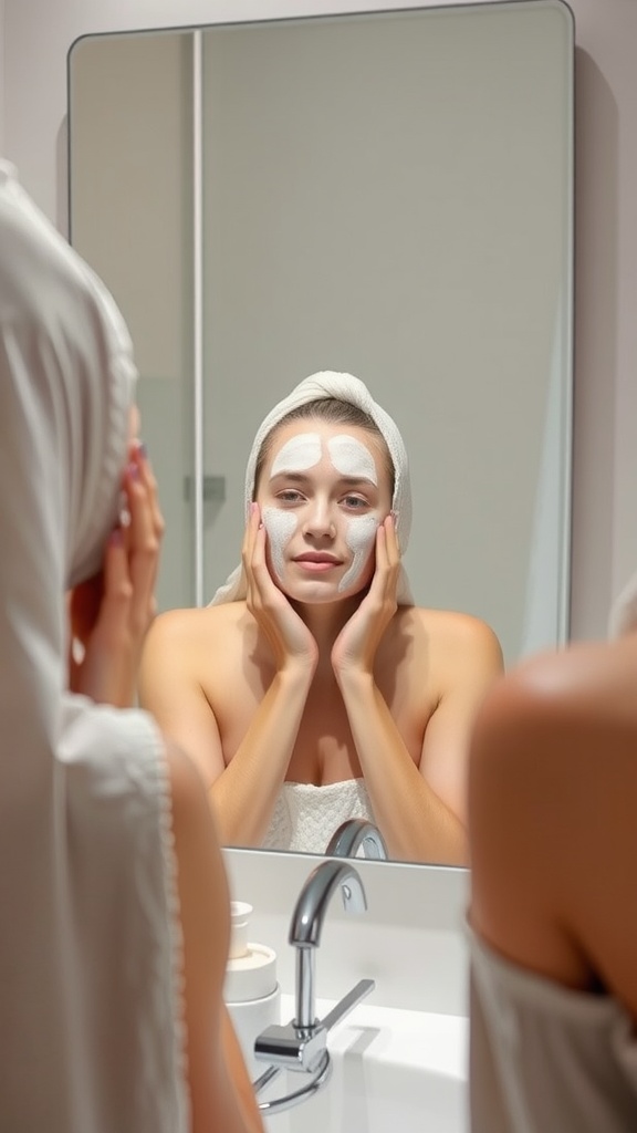 A person applying a facial mask in front of a mirror, focusing on skincare routine.