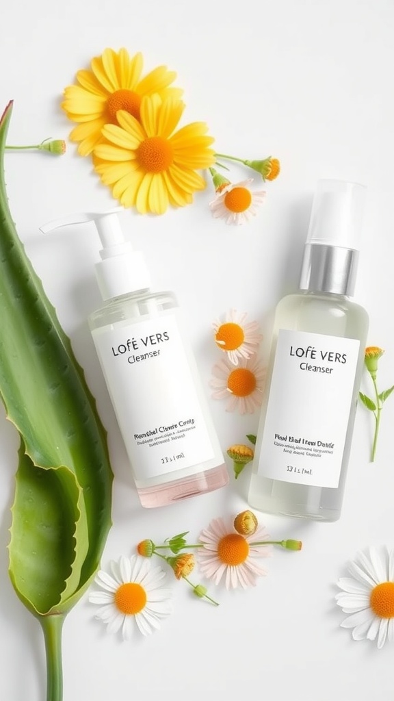 Two cleansers on a white background with flowers and aloe vera.
