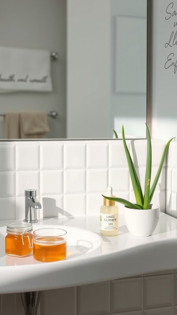 A bright bathroom countertop with natural skincare products including an orange cleanser and jars of liquid, surrounded by an aloe plant.