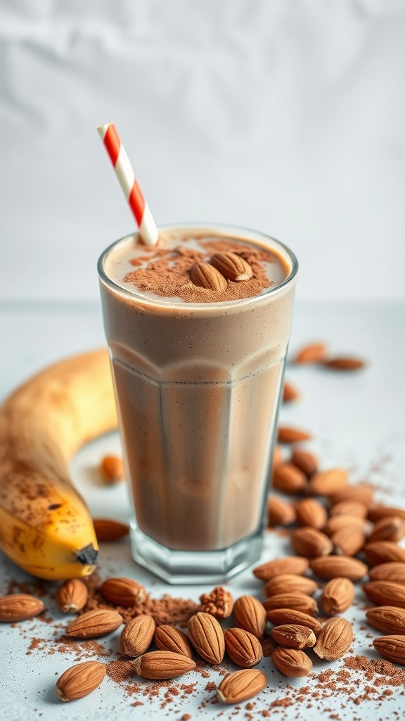 Cocoa Almond Banana Shake in a glass with almond pieces and a banana beside it.