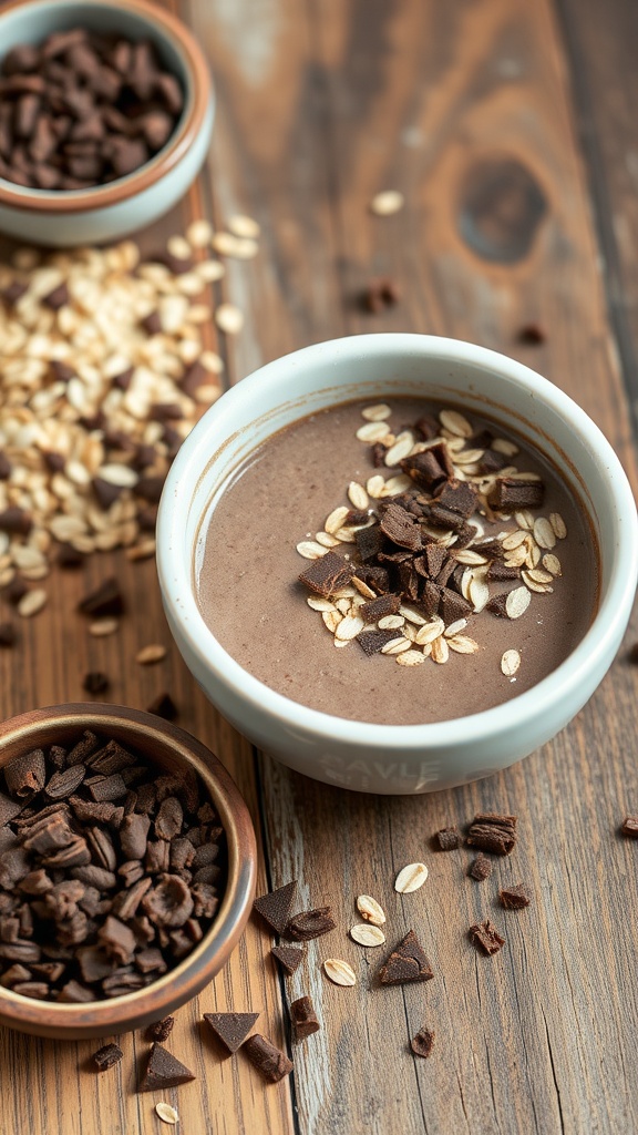 A bowl of cocoa oatmeal energy smoothie topped with oats and chocolate pieces.