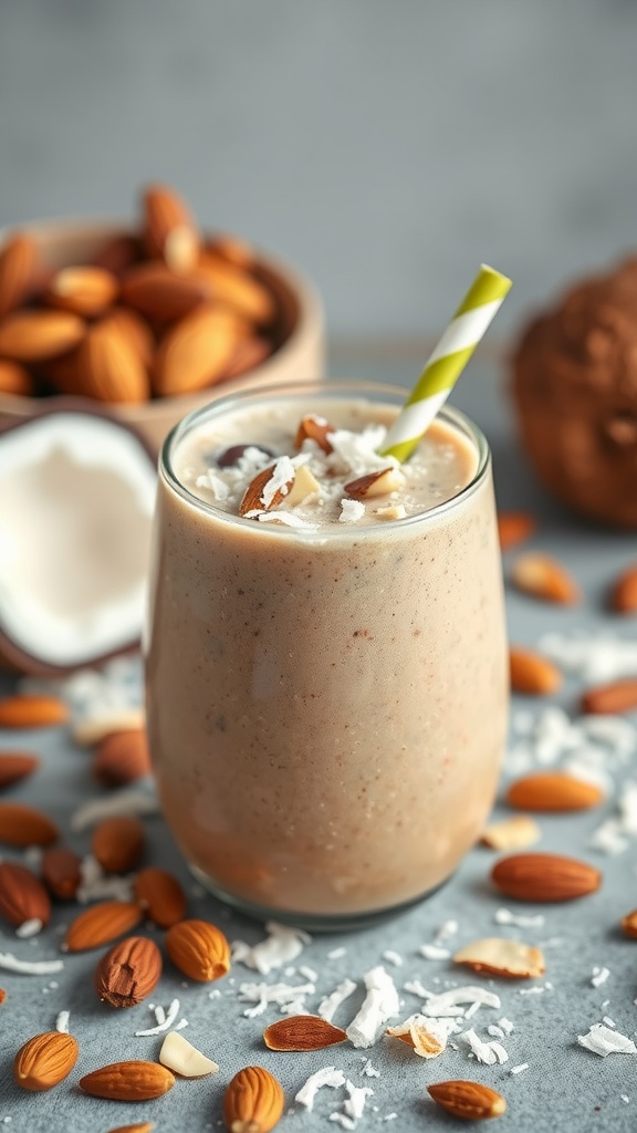 Coconut Almond Joy Smoothie in a glass with a straw, surrounded by almonds and coconut.