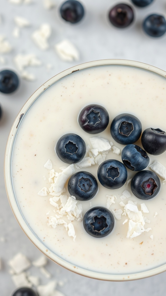 A creamy coconut and blueberry shake topped with fresh blueberries and shredded coconut.