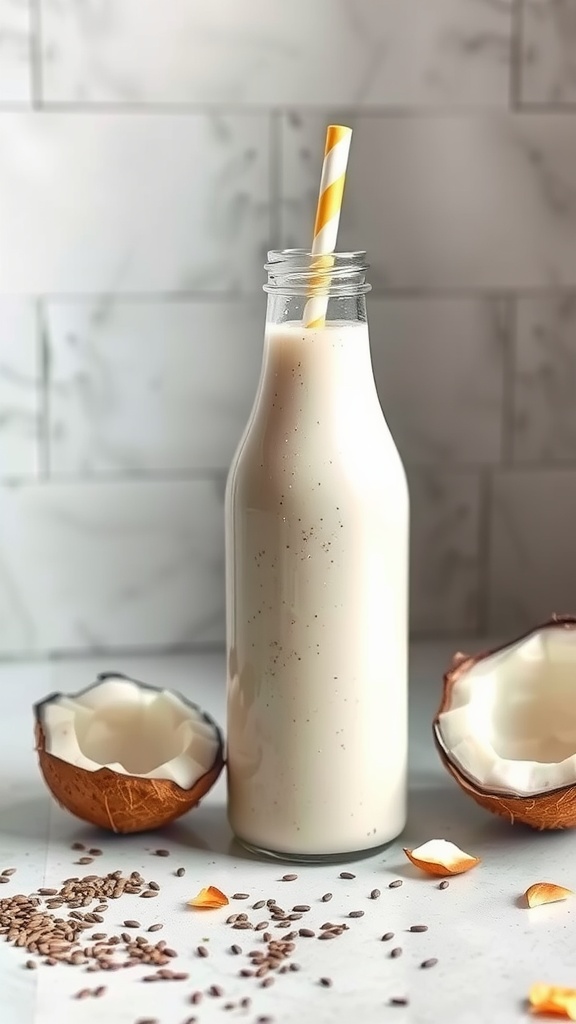 A bottle of creamy coconut chia protein shake with straw, surrounded by coconut shells and chia seeds.