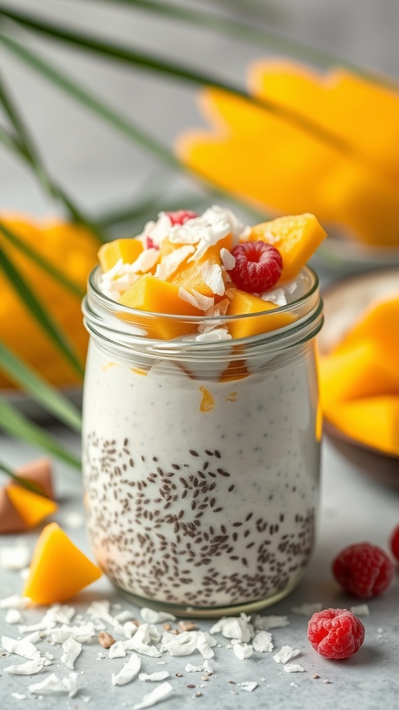 A jar of coconut chia seed pudding topped with mango, raspberries, and coconut flakes.