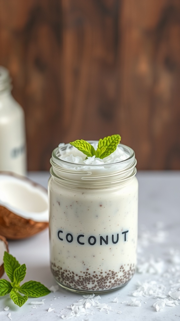 Coconut chia seed pudding in a glass jar with a mint leaf on top.