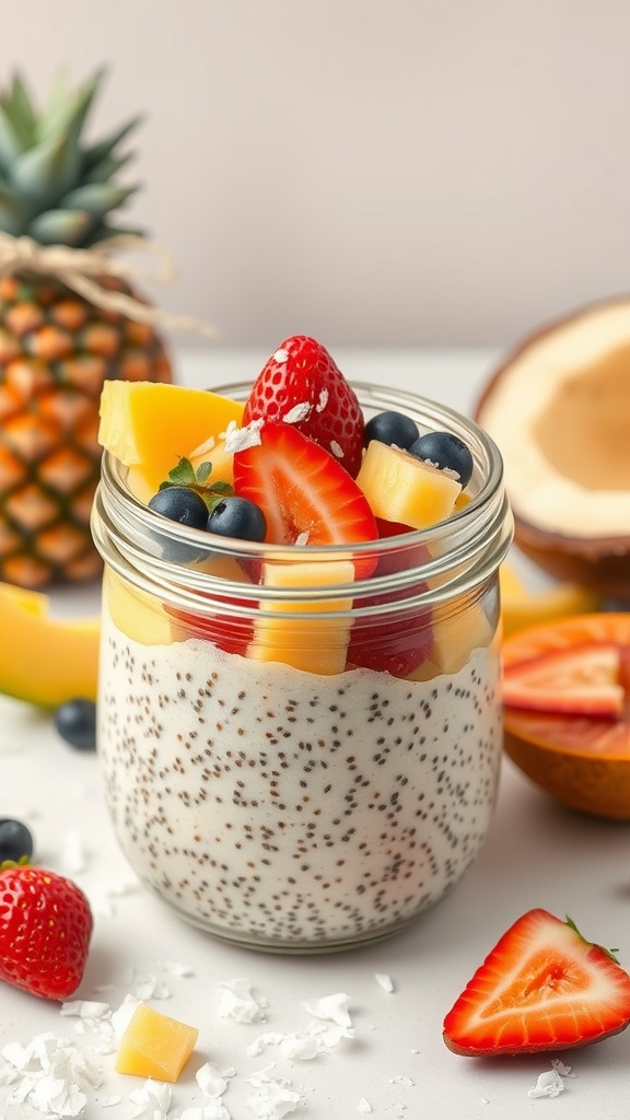 A jar of coconut chia seed pudding topped with fresh fruits like strawberries, mango, and blueberries.