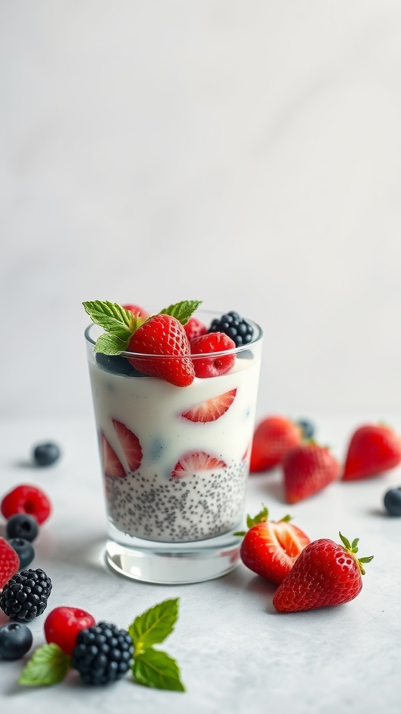 A glass of coconut chia seed pudding topped with fresh strawberries and blueberries.